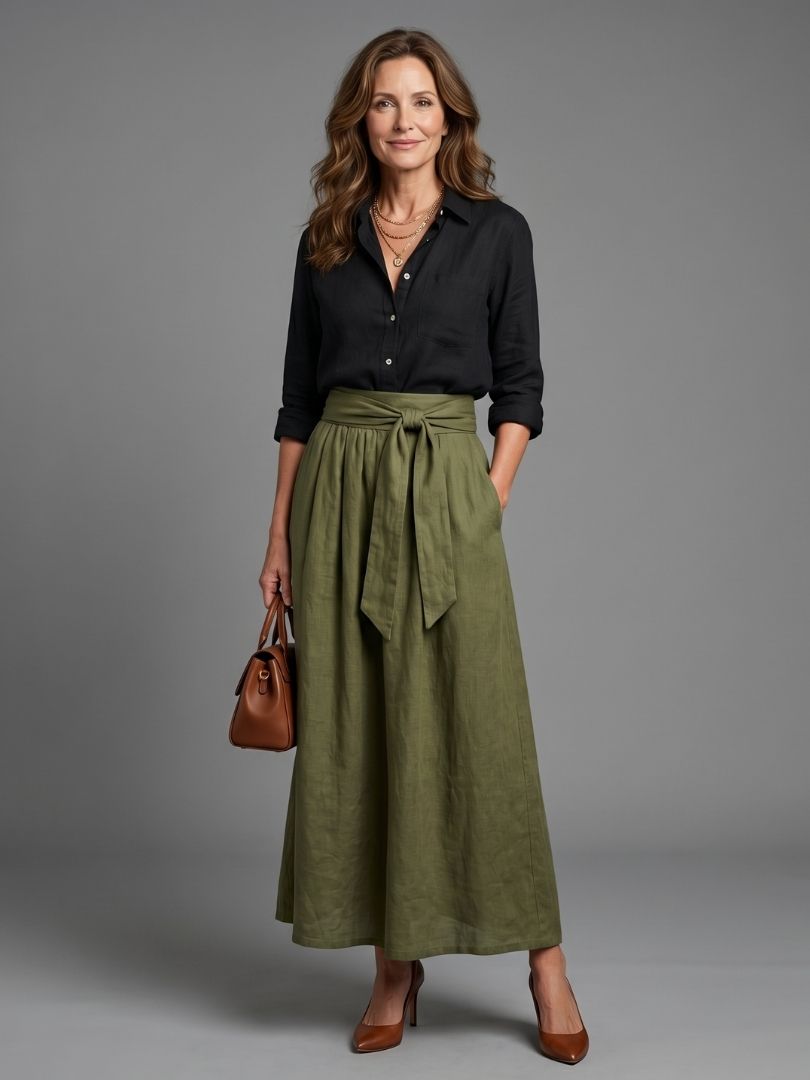 Wera | Conjunto de dos piezas Blusa negra Falda midi color oliva
