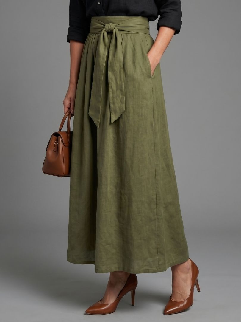Wera | Conjunto de dos piezas Blusa negra Falda midi color oliva