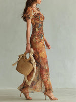 Виолет | Макси рокля от оранжева муселин с печат на маслена живопис в бохемски стил